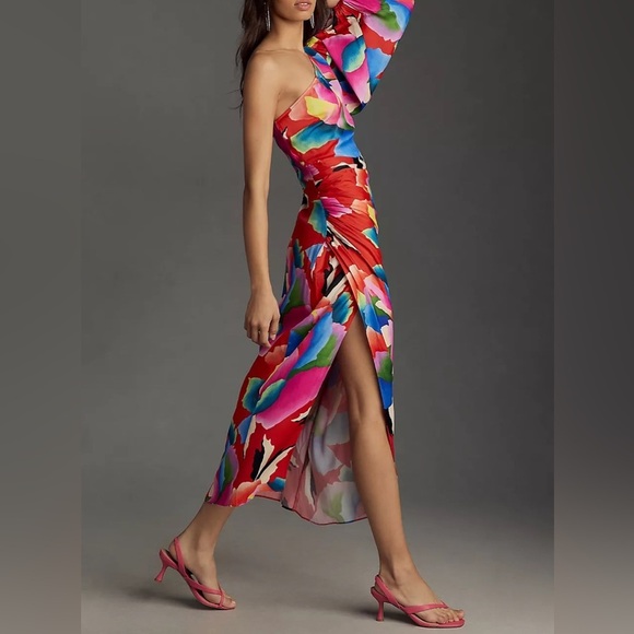 Farm Rio for Anthropologie One-Shoulder Slim Floral Midi Dress Dress Size S - Picture 3 of 15